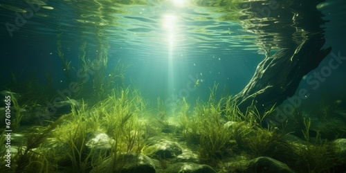 Underwater Grass, Long Seaweed in Dark River Water, Overgrown Stream with Algae, Grass Waving in Water #676104655