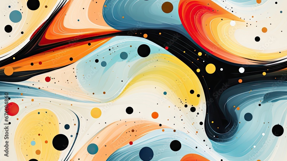  a colorful abstract painting with black, orange, yellow, and blue circles and dots on a white background with a black, yellow, blue, red, black, white, orange design.  generative ai