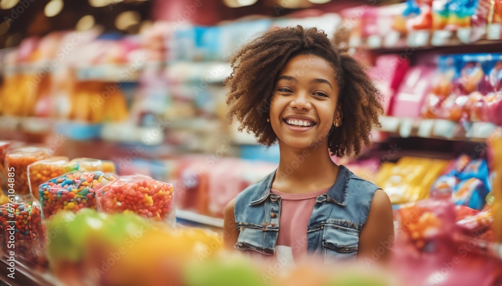 Candy shop portrait of smiling teenager wearing bright colors