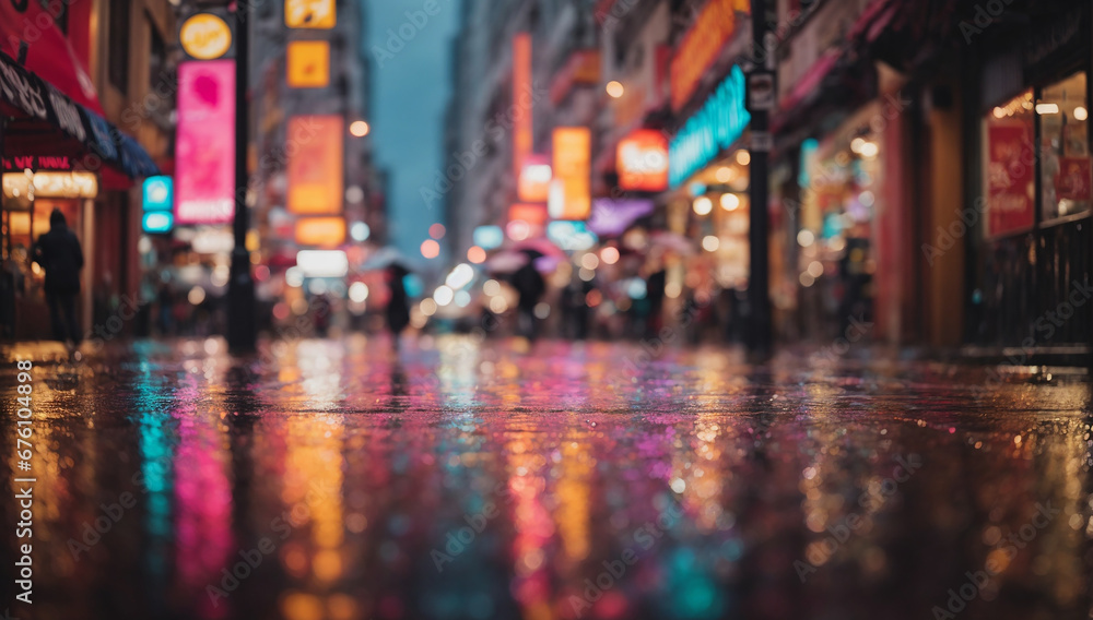 Colorful cityscape during a rainy day, with rain-soaked streets reflecting the vibrant lights - AI Generative