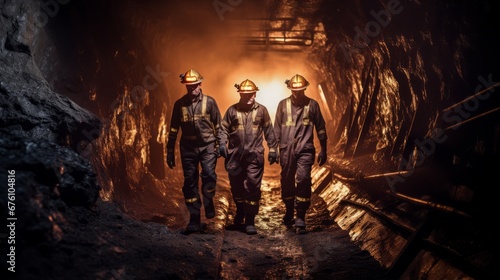 Miners working deep underground.  photo