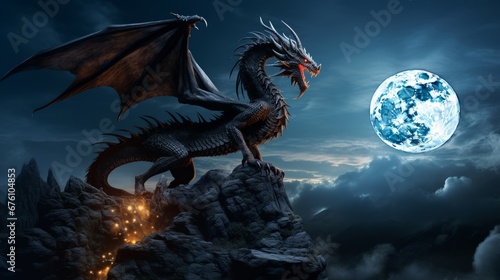 Illustration of a great dragon with the moon in the background, 