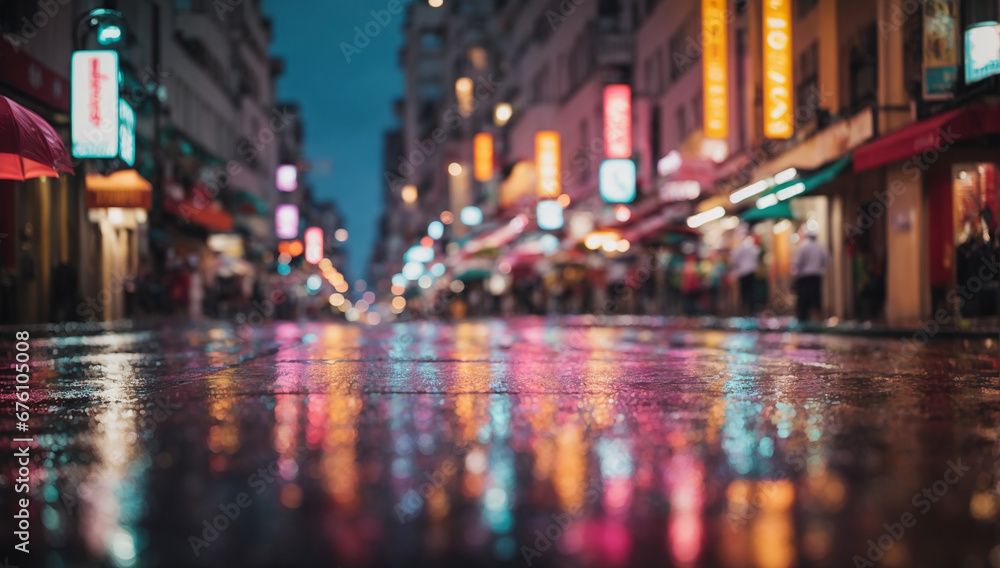 Colorful cityscape during a rainy day, with rain-soaked streets reflecting the vibrant lights - AI Generative