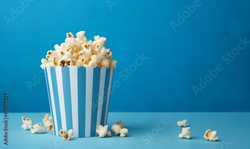 paper bucket with popcorn  on flat  background with copyspace