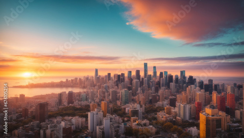 Colorful cityscape during a stunning sunset, with warm tones painting the skyline - AI Generative