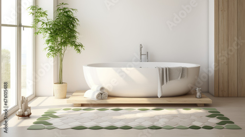 Cute rug in the interior of a modern bathroom. Accessories for home coziness and comfort. Empty bathroom with fabric rug on the floor. 