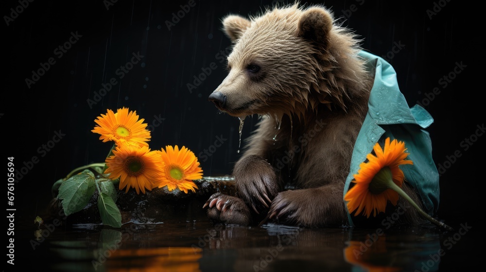  a brown bear sitting on top of a table next to a bunch of sunflowers on a rainy day.  generative ai
