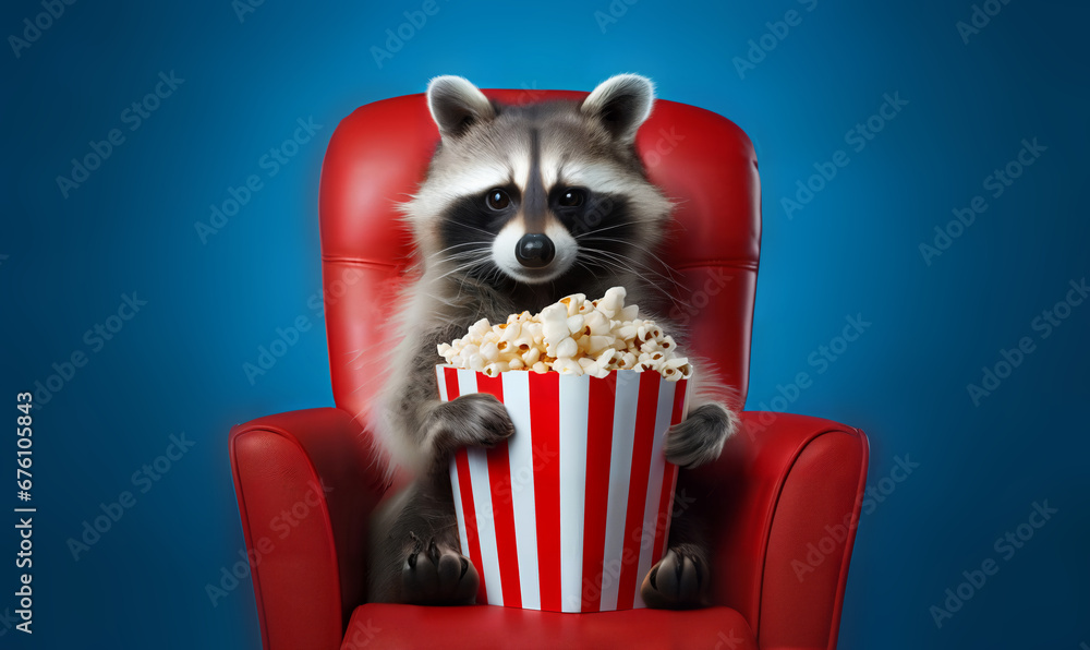 funny racoon watching 3D movie in 3d glasses with popcorn on flat  background at home  - obrazy, fototapety, plakaty 