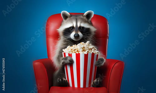funny racoon watching 3D movie in 3d glasses with popcorn on flat  background at home  photo