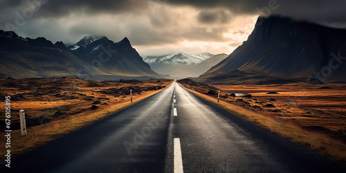 an empty road with mountains in the background. 