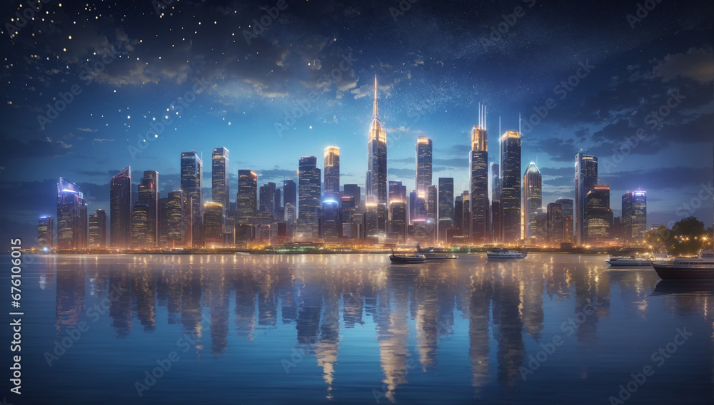 Craft a magnificent and captivating city skyline at night, aglow with sparkling lights that dance upon the water's surface, creating mesmerizing reflections - AI Generative