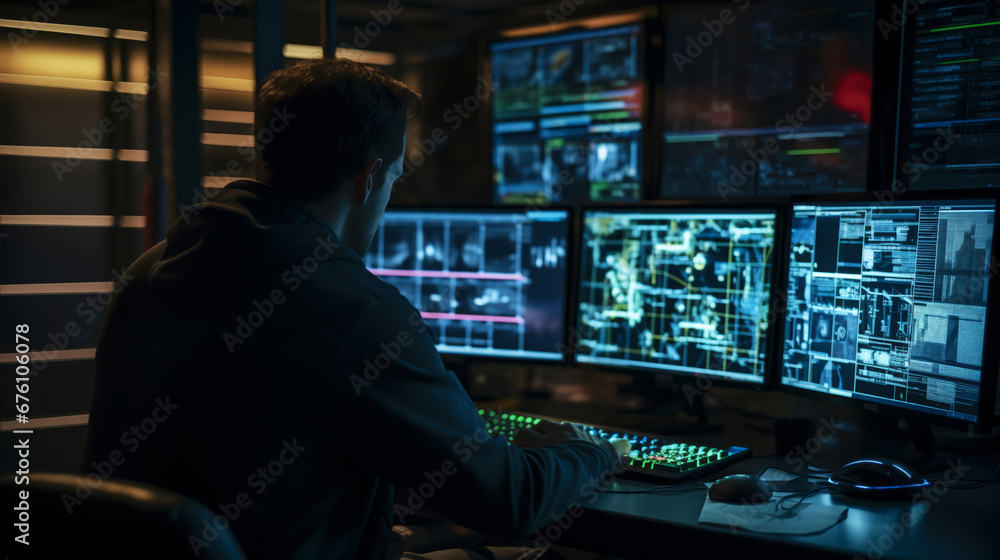 a person in a darkened surveillance room, staring at multiple digital screens displaying various information and realtime videos. a person in a darkened surveillance room, staring at multiple digital screens displaying various information and realtime videos.