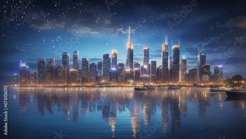 Craft a magnificent and captivating city skyline at night  aglow with sparkling lights that dance upon the water s surface  creating mesmerizing reflections - AI Generative