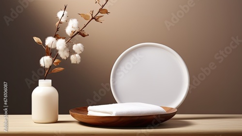 a round dish adorned with a white towel, cotton pads, a wooden brush, and a glass vase with a tree branch, an inviting empty space, perfect for natural beauty product advertising.