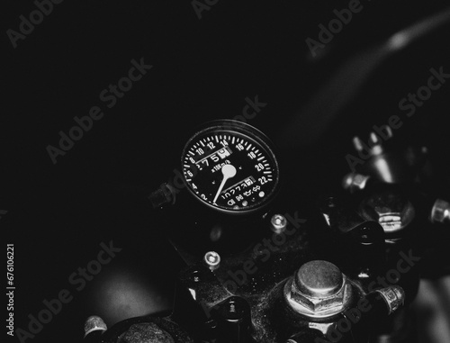 close up of a bike dashboard b&W