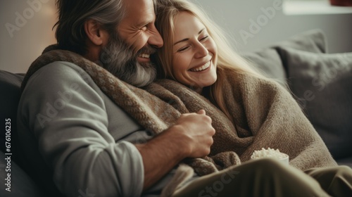 a couple between 30 and 45 years old wrapped in a blanket, watching old movies with a bowl of popcorn photo