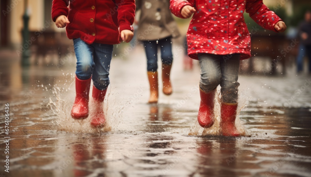 group of happy children jumping and splashing in red rain boots on a rainy summer day - obrazy, fototapety, plakaty 