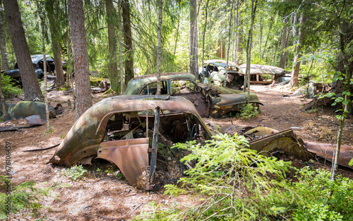 Abandoned car cemetery in a swedish forest, spooky atmosphere