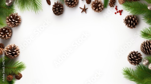 a frame of fir branches and pine cones on a clean white background, evoke the essence of the Christmas season and New Year celebrations, with a flat lay perspective, top view