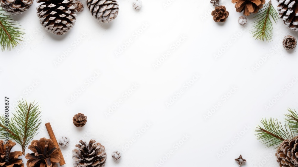 a frame of fir branches and pine cones on a clean white background, evoke the essence of the Christmas season and New Year celebrations, with a flat lay perspective, top view a frame of fir branches and pine cones on a clean white background, evoke the essence of the Christmas season and New Year celebrations, with a flat lay perspective, top view