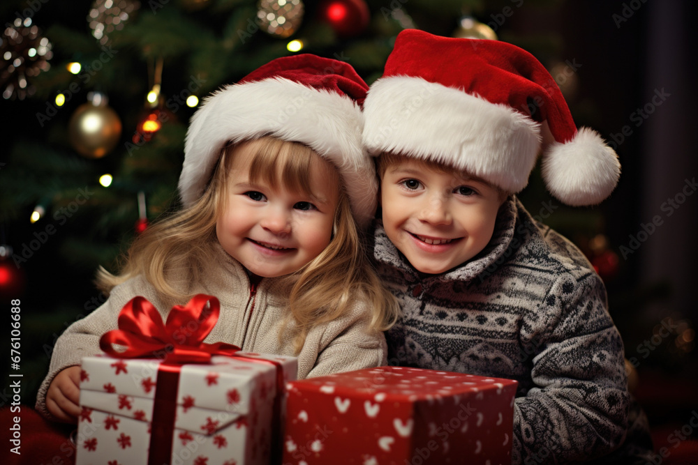 Brother and sister in Christmas Santa hats holding red present box with ribbow looking at camera fur bokeh tree on background. Celebrating happy Christmas Xmas New Year Eve December holiday concept Brother and sister in Christmas Santa hats holding red present box with ribbow looking at camera fur bokeh tree on background. Celebrating happy Christmas Xmas New Year Eve December holiday concept
