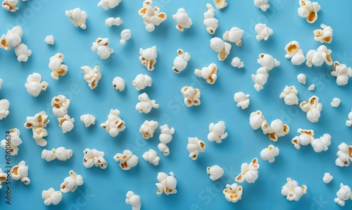 popcorn grains of crispy fried air on flat blue background