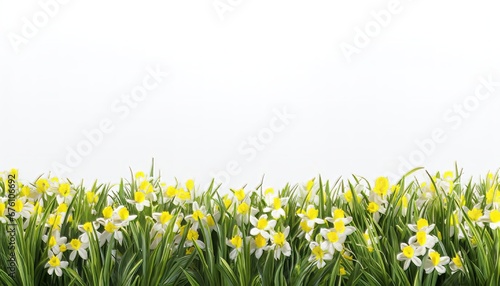 Lush green grass, vibrant spring scene, white or yellow background, and easter themed copy space.