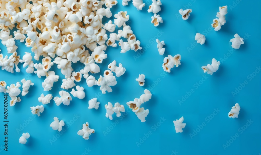 popcorn grains of crispy fried air on flat blue background popcorn grains of crispy fried air on flat blue background