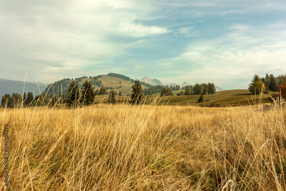 Landscape Impression of Alpe di Siusi (Seiser Alm), Dolomites, Italy, in autumn outdoors Landscape Impression of Alpe di Siusi (Seiser Alm), Dolomites, Italy, in autumn outdoors