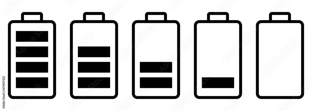Battery charge indicator icons. Concept power, energy, low, full, empty. Vector illustration isolated on white background Battery charge indicator icons. Concept power, energy, low, full, empty. Vector illustration isolated on white background