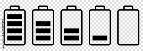 Battery charge indicator icons set. Concept power, energy, low, full, empty. Vector illustration isolated on transparent background