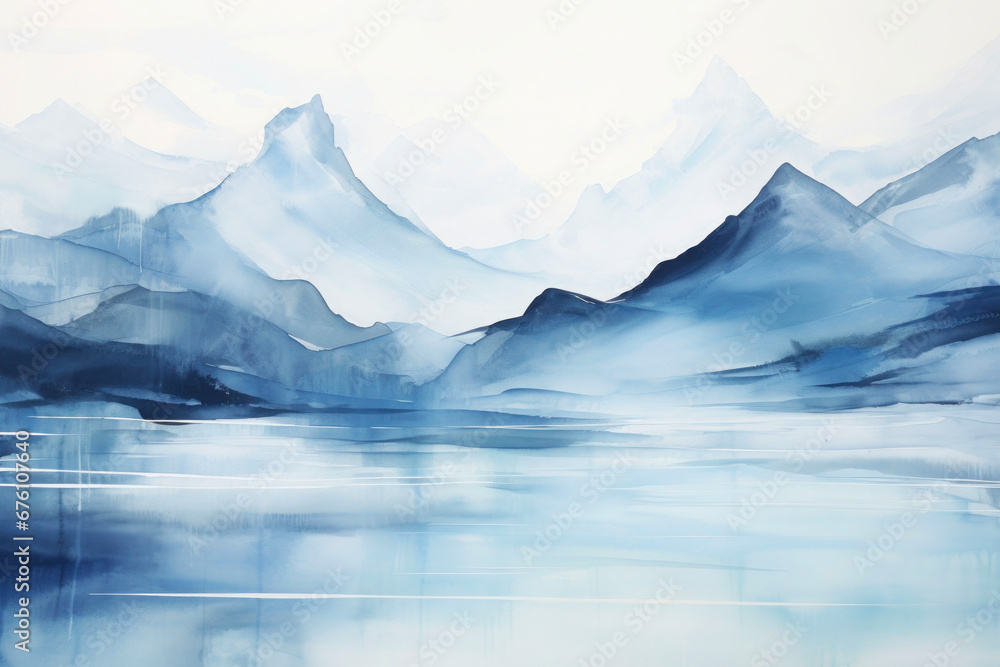 Blue watercolor background, mountains, lake reflection