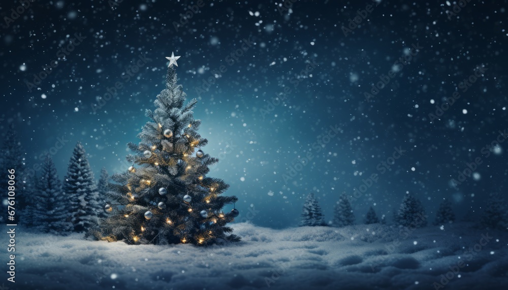 Snow covered christmas tree with dark blue background, creating a festive holiday concept.