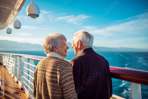 Senior couple walking the deck of a luxury passenger cruise ship. Beautiful aerial view with cruise trip. Generative AI concept