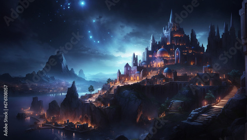 Dark Ancient magical city mythical world illuminating and brightly magical - AI Generative