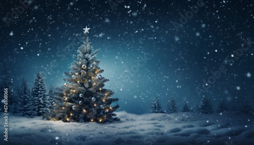 Snow covered christmas tree with dark blue background, creating a festive holiday concept. © Viktoria