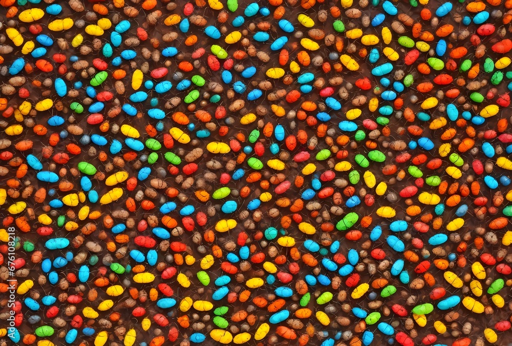 Colorful sprinkles on a brown background, close-up, colorful sprinkles, brown background, close-up, dessert decoration, sweet treats, confectionery, bakery concept, sugar topping, culinary photography
