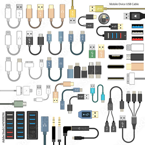 Collection of Mobile Devices USB Cable Vector Graphics