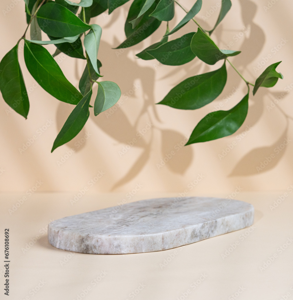 Abstract empty marble board with shadows and green leaves on a beige background. Layout concept for promotional product presentation, sale or cosmetics display. Abstract empty marble board with shadows and green leaves on a beige background. Layout concept for promotional product presentation, sale or cosmetics display.