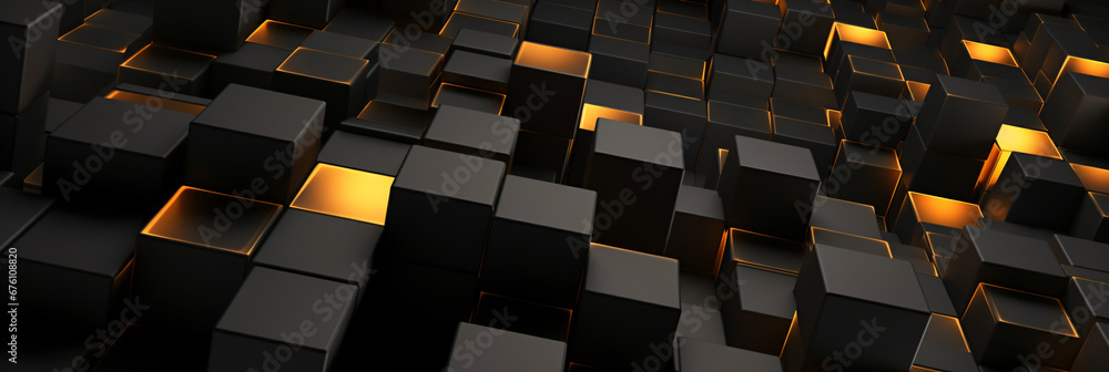 Fototapeta premium futuristic black cubes with orange lights, abstract pattern banner background