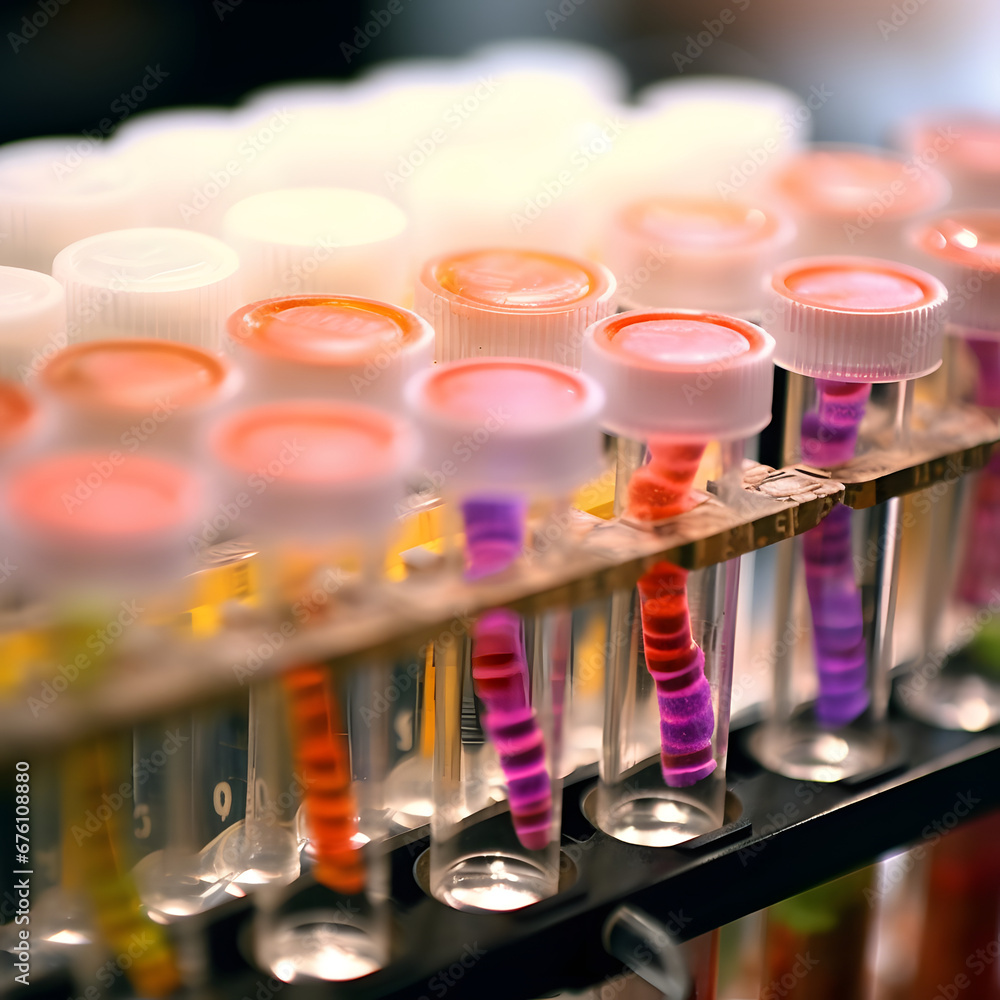 transparent tubes in the laboratory contain colorful innovated and synthetic elements like DNA model  