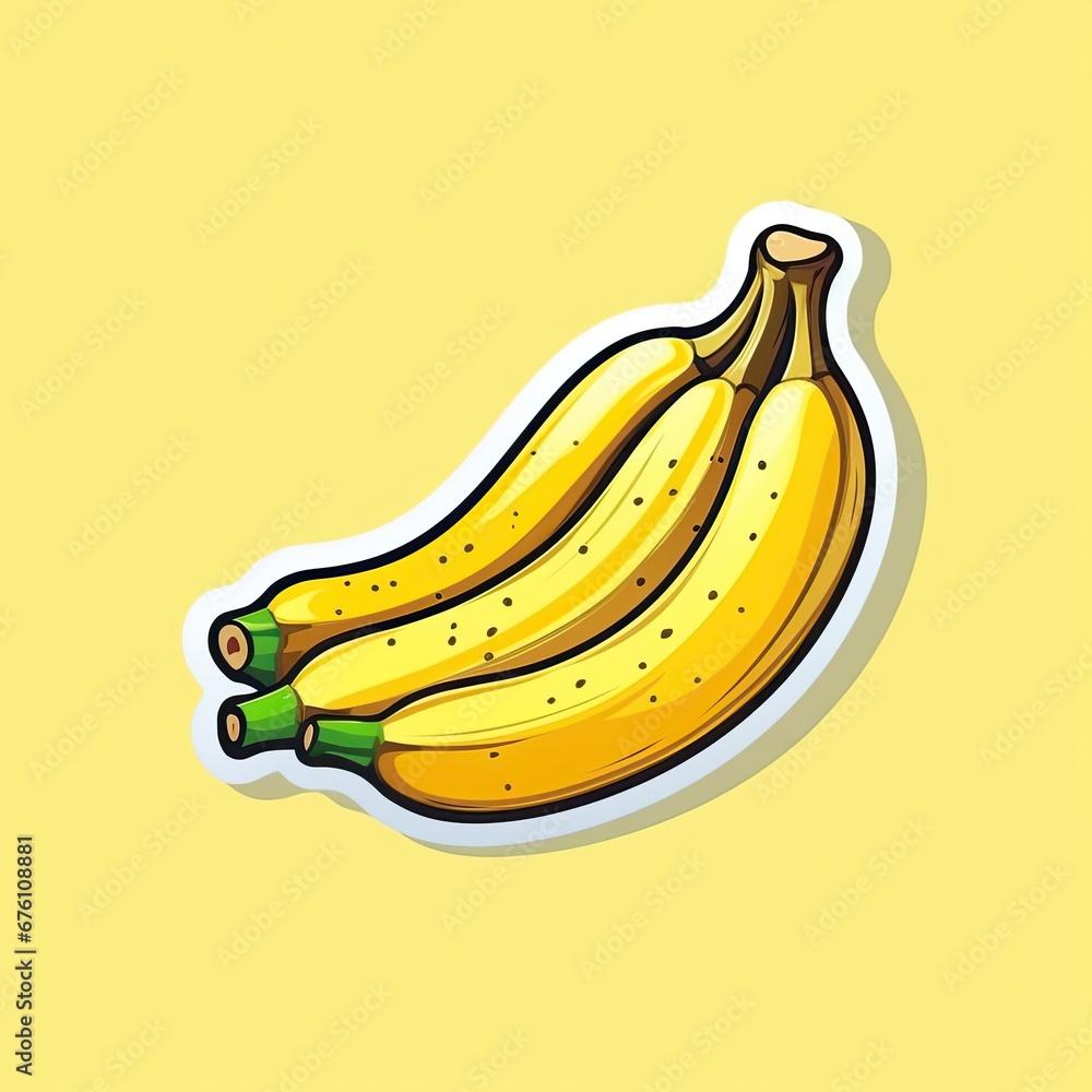 Yellow bananas sticker, icon, label, print, logo. Cartoon yellow bananas sticker isolated on yellow background. Collection of stickers fruits and products. Generative ai