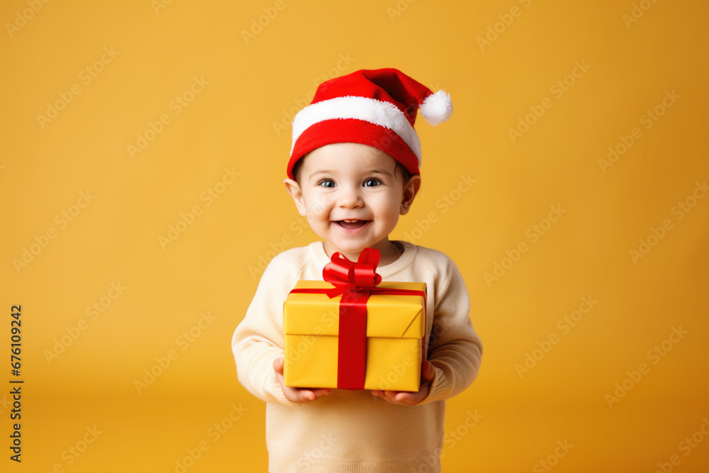 Toddler with surprise package. Copy paste, horizontal. Present advertisement concept. Banner of young friendly smiling welcoming Asian boy holding present box with bow orange studio background Toddler with surprise package. Copy paste, horizontal. Present advertisement concept. Banner of young friendly smiling welcoming Asian boy holding present box with bow orange studio background
