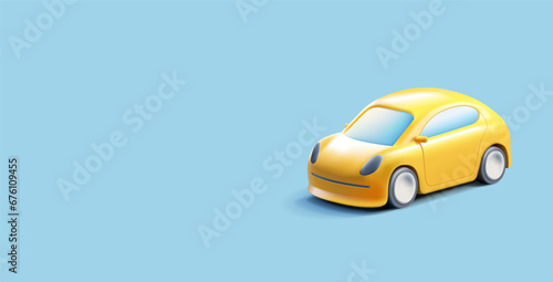 Yellow passenger car 3D on a blue background. For delivery service, taxi, service, diagnostics, travel, and business advertising concepts.