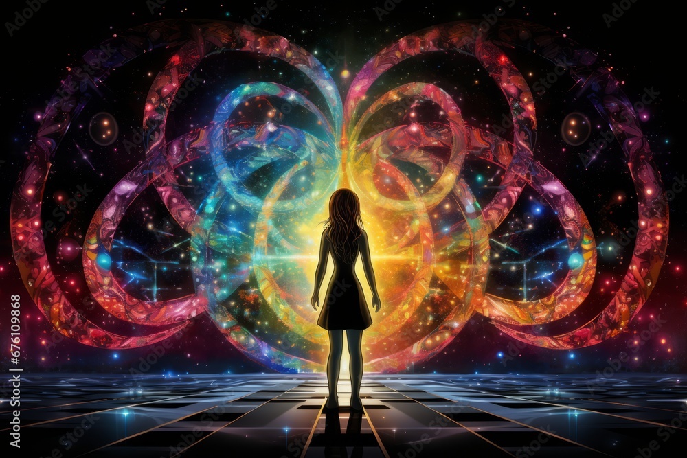 Serene female form embraced by vibrant spiritual hues, Generative AI Serene female form embraced by vibrant spiritual hues, Generative AI