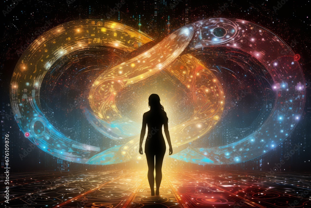 Serene female form embraced by vibrant spiritual hues, Generative AI Serene female form embraced by vibrant spiritual hues, Generative AI