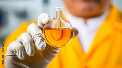 new scent and ingredient mixing of perform that appear in colorful hot-tone liquid in the bottle in a fancy chemical lab experiment waiting to process in production trial holding by scientist. photo