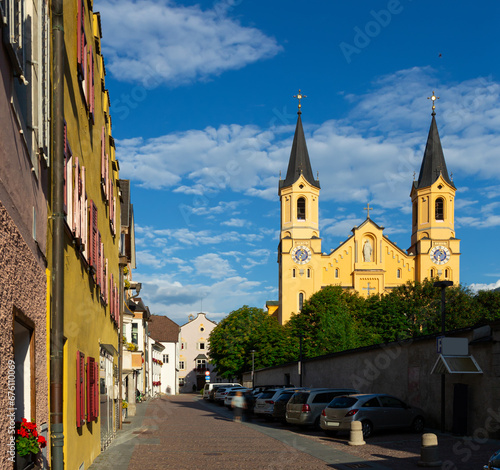 Close-up of Church of Assumption of Mary in Bruneck largest town in Puster Valley in Italian province of South Tyrol