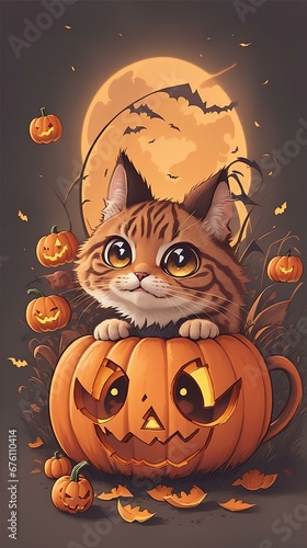 halloween cat with pumpkin on a dark background