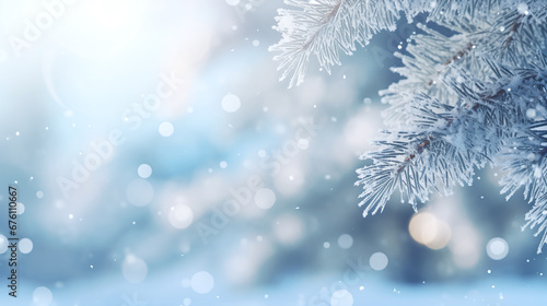 christmas and winter background detail fir tree with ice, snow and Christmas decorations with bokeh of snowflakes